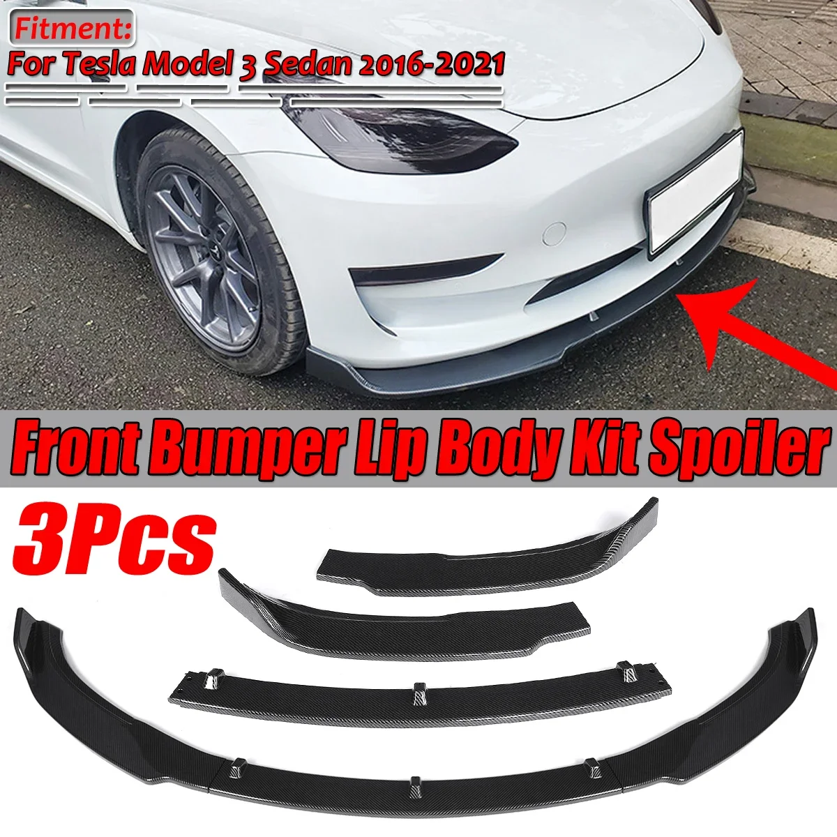 

3Piece Carbon Fiber Look/Black Car Front Bumper Splitter Lip Body Kit Spoiler Diffuser Guard For Tesla Model 3 Sedan 2016-2021