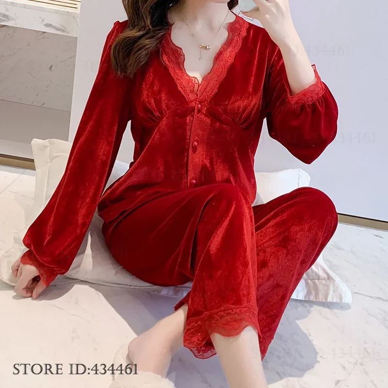 

SEXY Burgundy Velvet 2PCS Pajamas Set Sleepwear Autumn Winter New Nightwear Pijamas Suit Loose Casual Velour Loungewear Pyjama