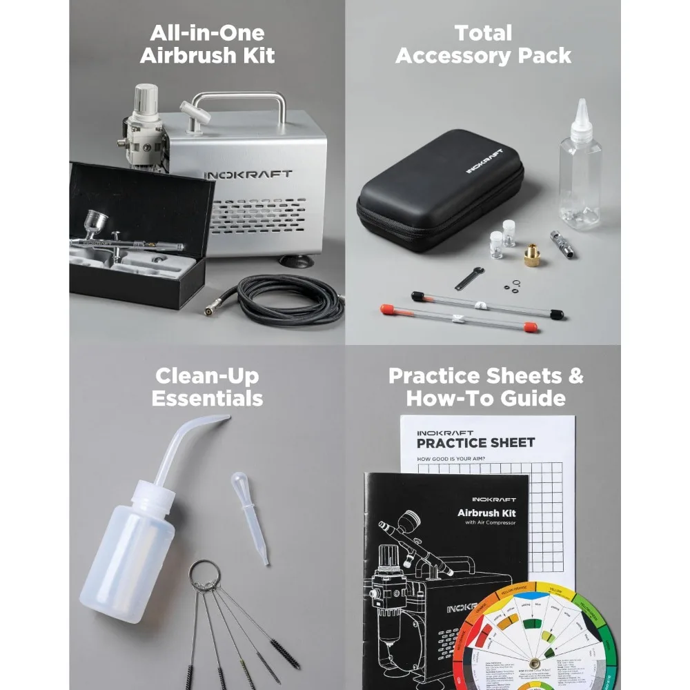 مجموعة البخاخة مع ضاغط الهواء - ضاغط هواء هادئ 1/6 حصان، بخاخة الجاذبية مع 3 أطراف 0.2، 0.3 و 0.5 مم - خرطوم #2