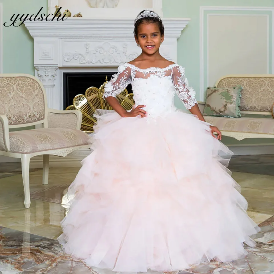 

Customized Lovely Pink Tulle Tiered Flower Girl Dress For Wedding 2025 Princess Birthday Party For Kids First Communion Gowns