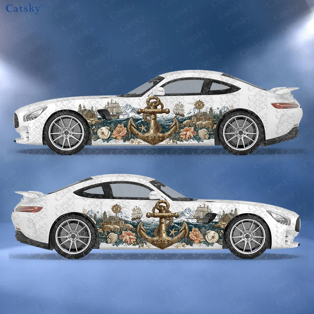 

2pcs Brass Ship Anchor Car Side Wraps, Self-Adhesive PVC Waterproof & Scratch-Resistant Stickers, Car Accessory Gift