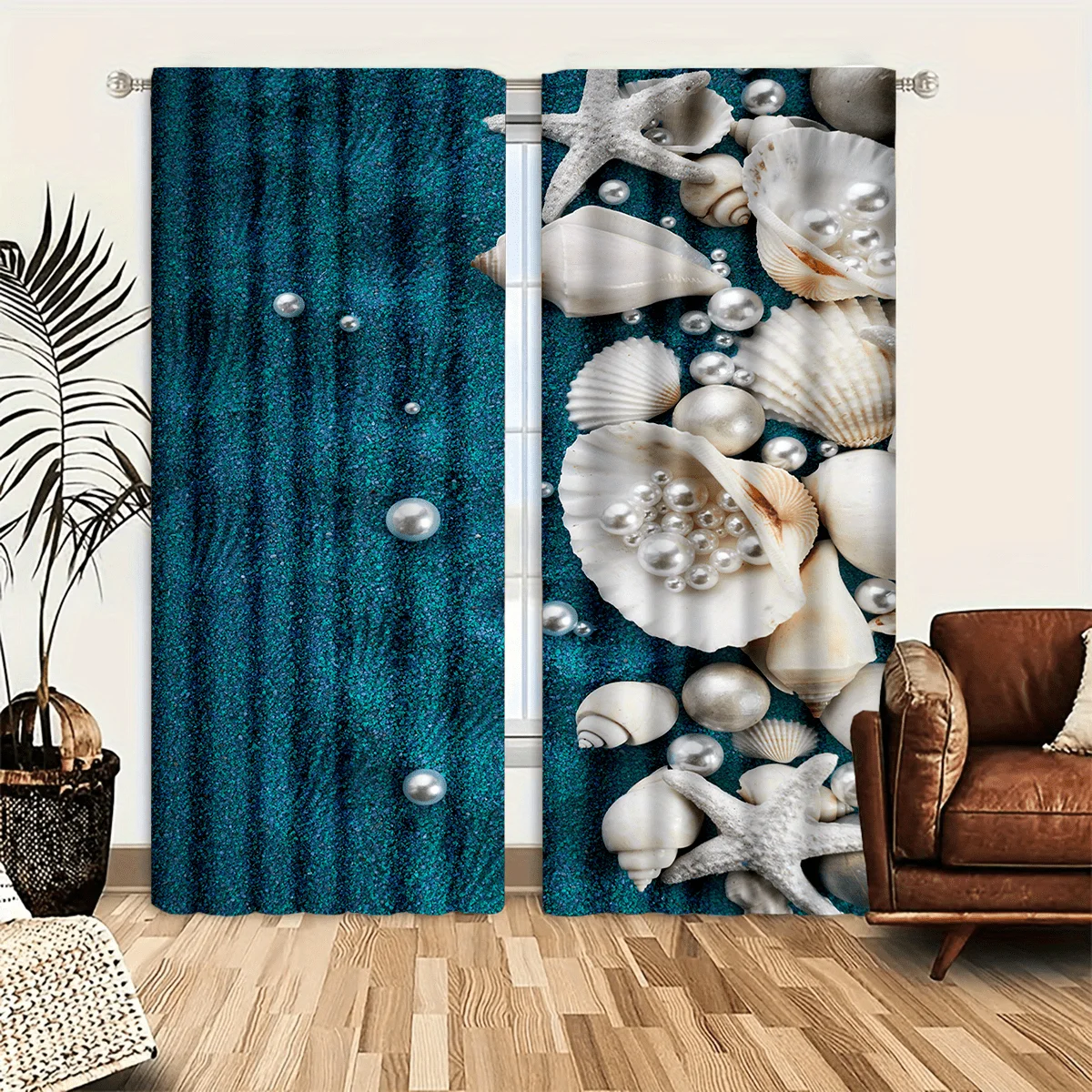 Ocean Shell Curtains, Starfish & Pearl Print Window Drapes, Blue Sea Theme Bathroom Decor, Waterproof Fabric for Coastal Home