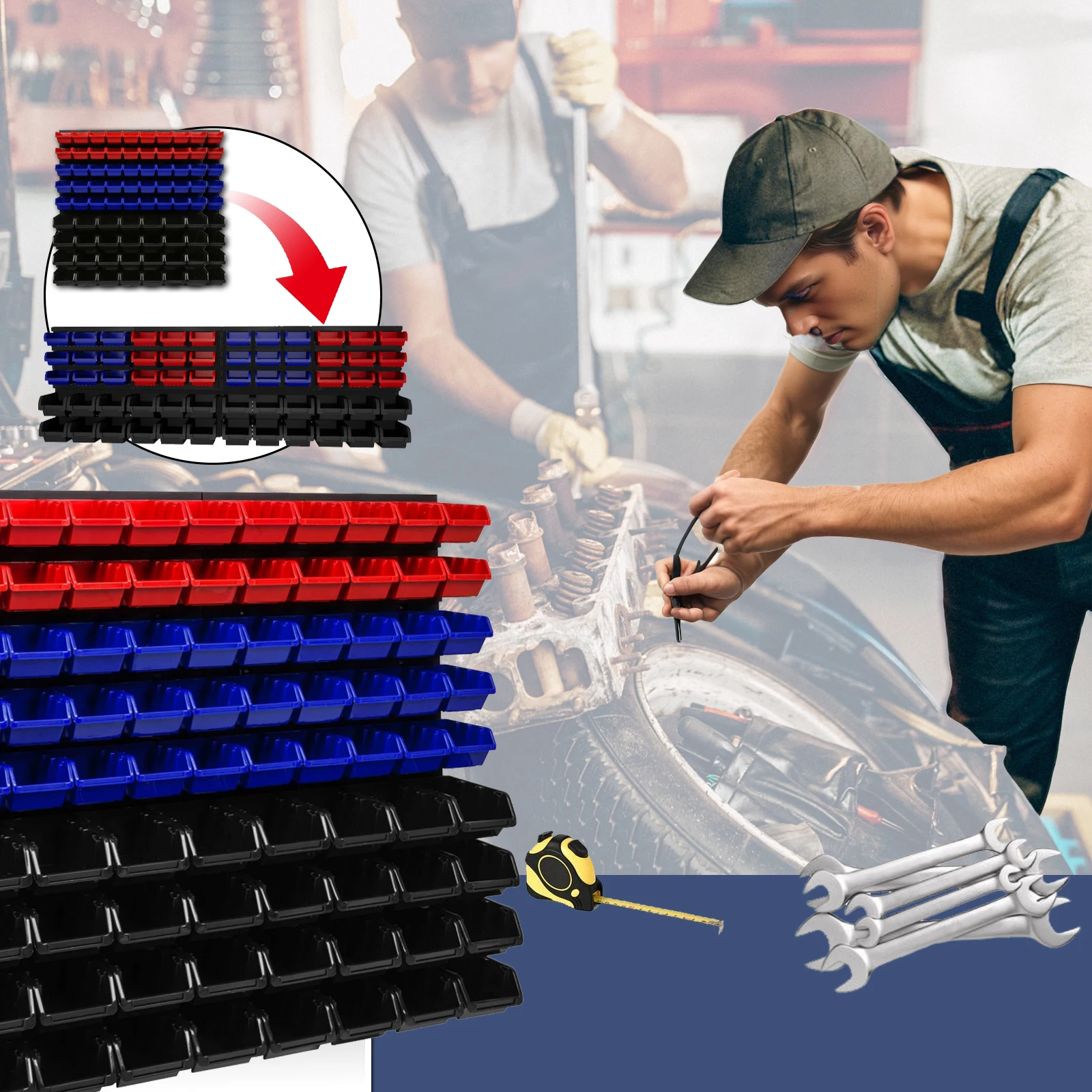 

94pcs Bins Wall-Mounted Storage Rack System, Heavy Duty Garage& Workshop Tool Organizer for Screws, Nuts, Bolts, Nails