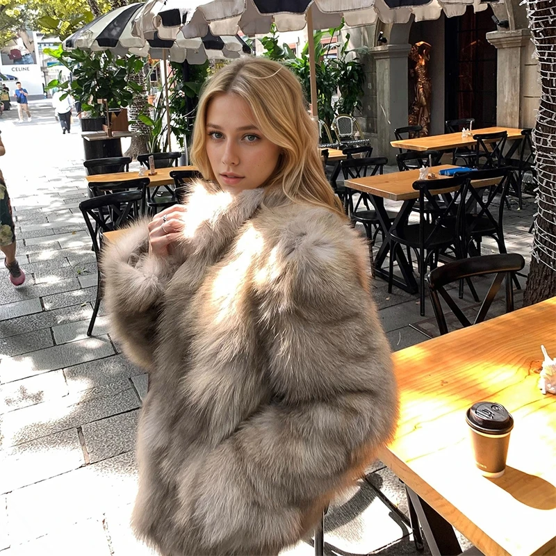모조 여우털 코트 여성용 스탠드 칼라 짧은 털 재킷 추위 방한 루즈핏 여성 코트 긴 소매 포켓 아우터 탑스 트렌디