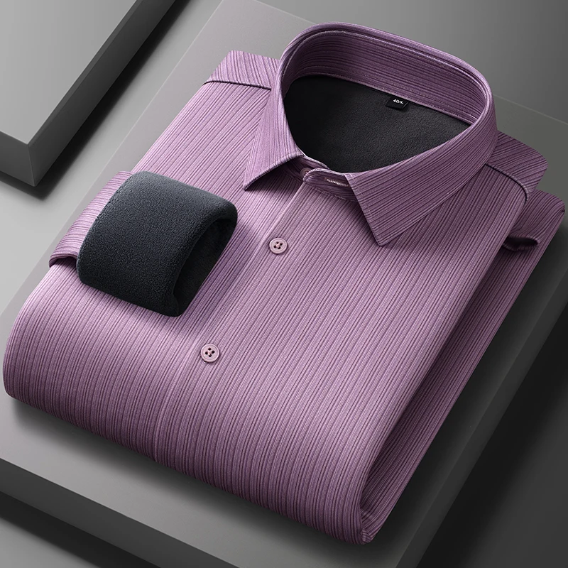 Kemeja lengan panjang bergaris ModaL hangat musim dingin untuk pria kemeja kasual slim fit lembut anti-kerut elegan pakaian tebal.