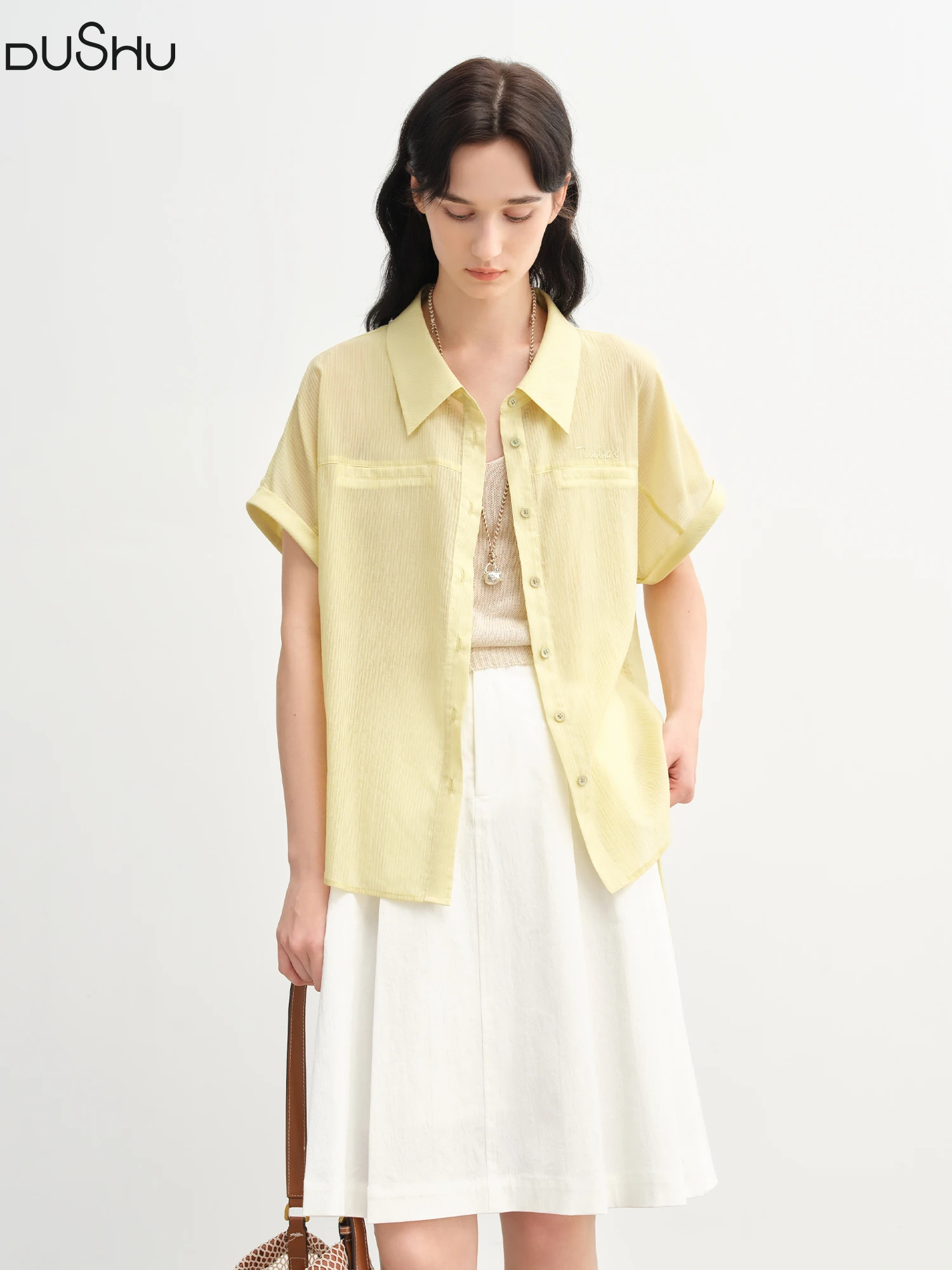 

DUSHU Summer Women Curve-Flattering Lyocell Shirt - Adjustable Drawstring & Breathable Design for Effortless Office-to-Outing