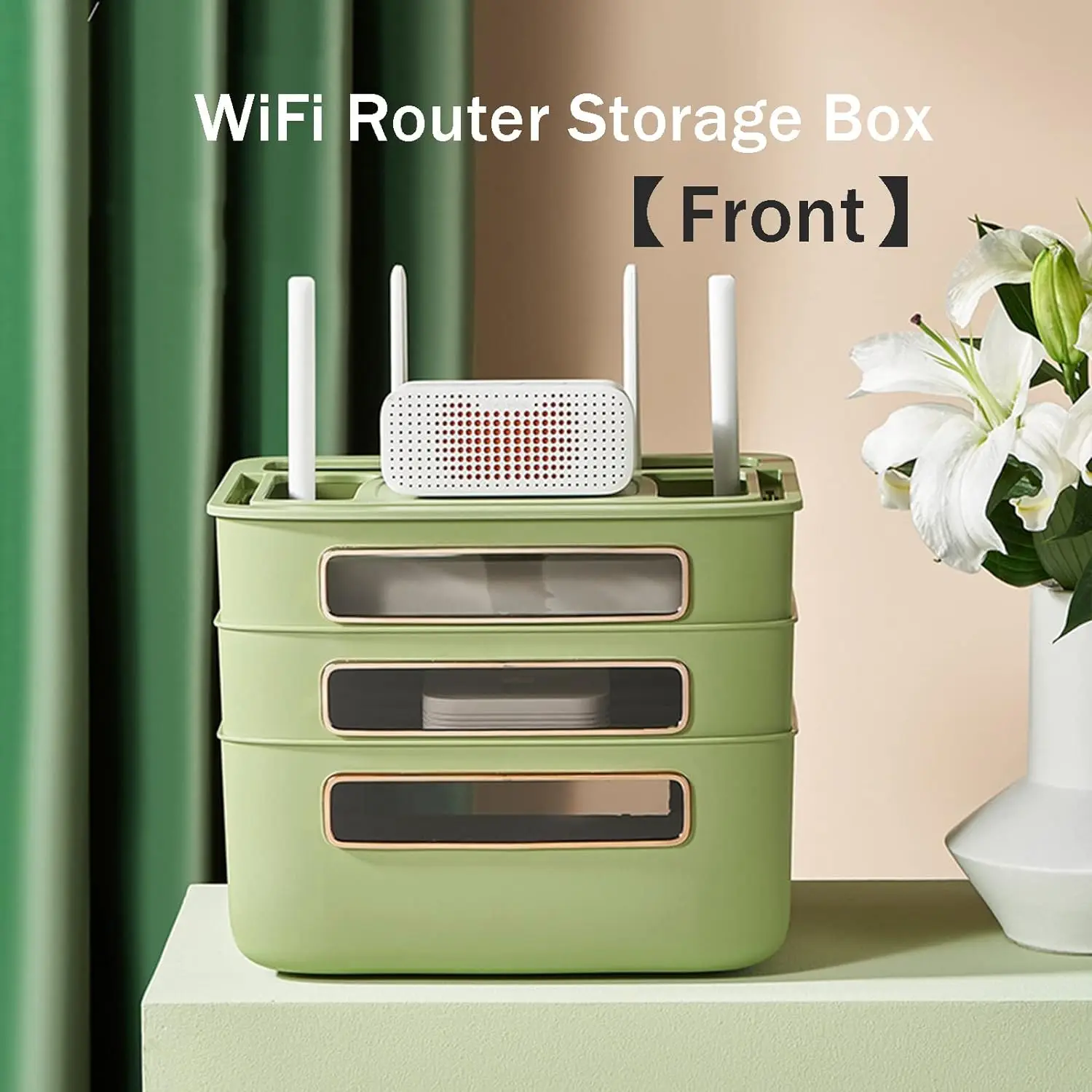 Wireless Wifi Router Storage Box with Transparent Modem Router Cover Removable Power Strip and Cable Management Hidden Shelf