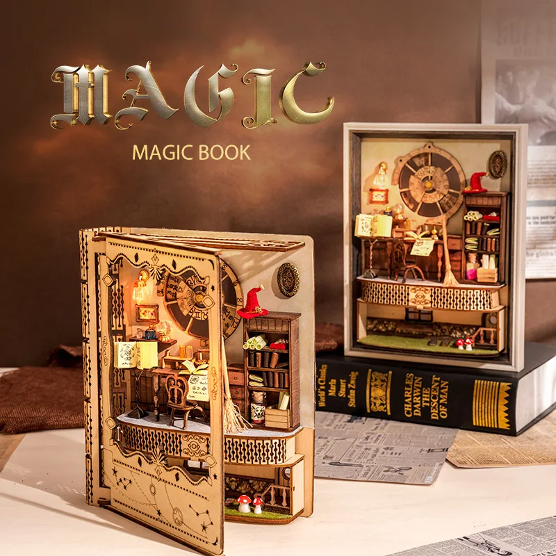 

DIY Wooden Magic Book Dollhouse Miniature With Furniture Kit Book Nook Bookend Bookcase Assembly Toy Children Birthday Gift Casa