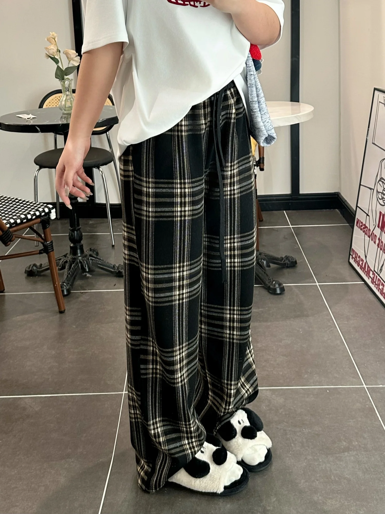 

Женские широкие брюки в клетку больших размеров, осенне-зимние, повседневные, с эффектом похудения, длинные, с высокой талией, для офиса, из полиэстера