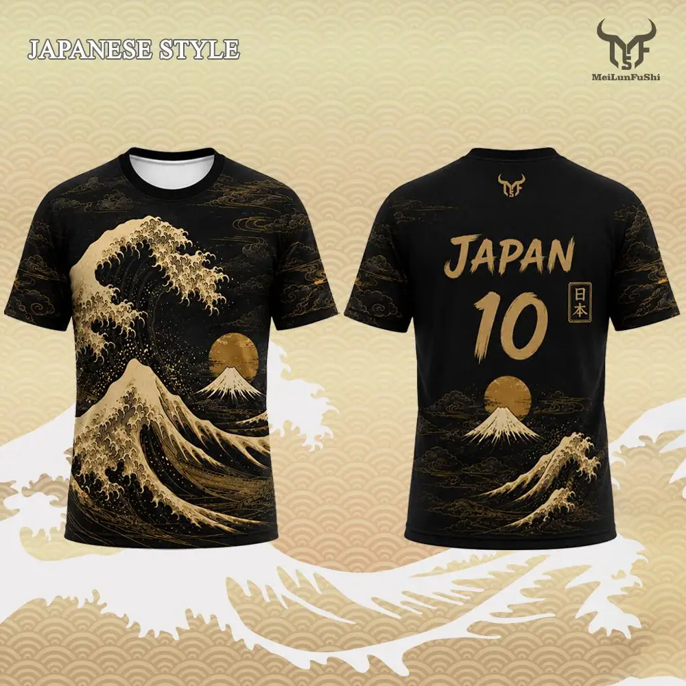 New Japanese Ukiyo-e Themed Print Soccer T-shirt Ocean Wave Pattern Fashion Casual Streetwear Sports Training Breathable Jersey