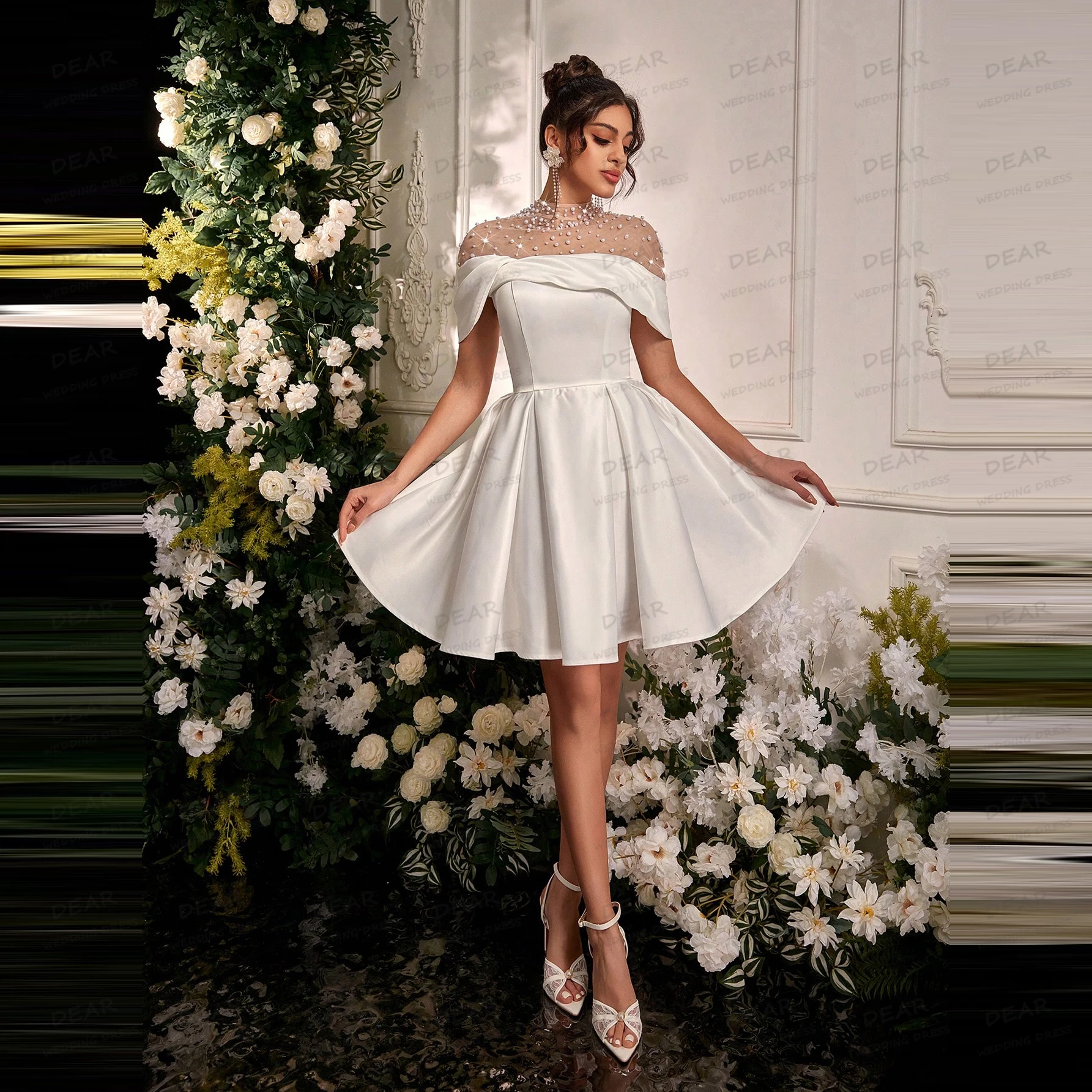 Simples vestidos de casamento curtos uma linha sexy feminino miçangas fora do ombro sem mangas vestidos de noiva festa novia personalizado