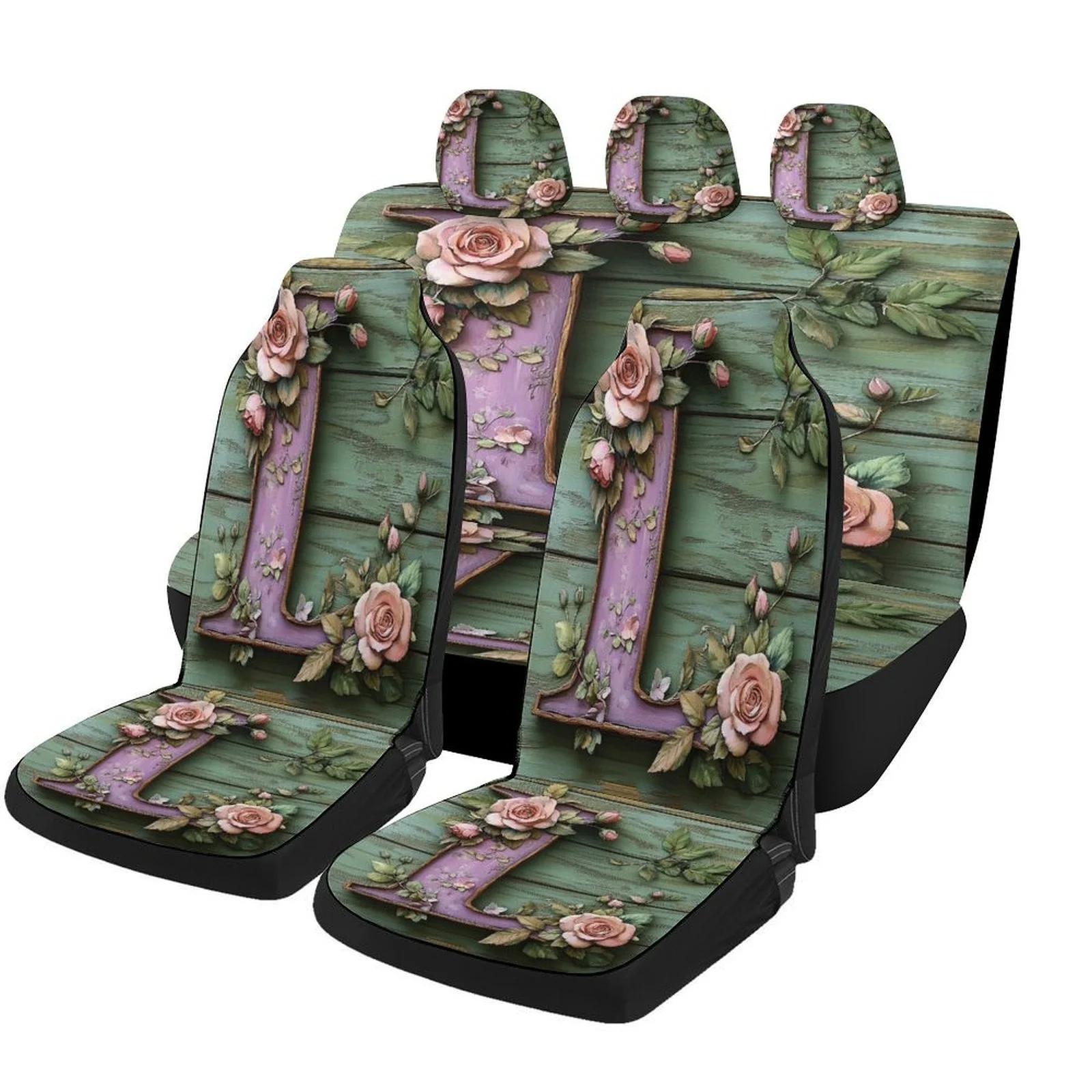 Set Of Car Covers Featuring A Floral Design Of The Letter L, Suitable For Various Vehicles. Stylish And Breathable, These Decora