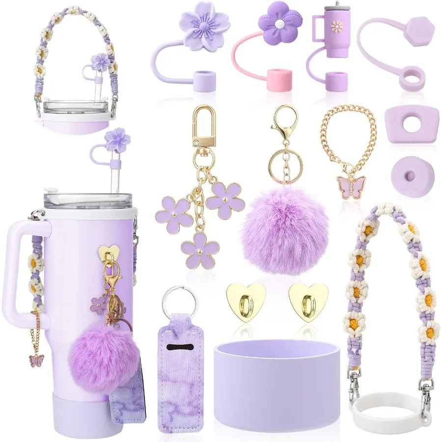 

14 Pcs Cup Accessories Set for Including Water Bottle Handle Strap Spill Stopper Silicone Boot Chapstick Holder Charms for 3 P
