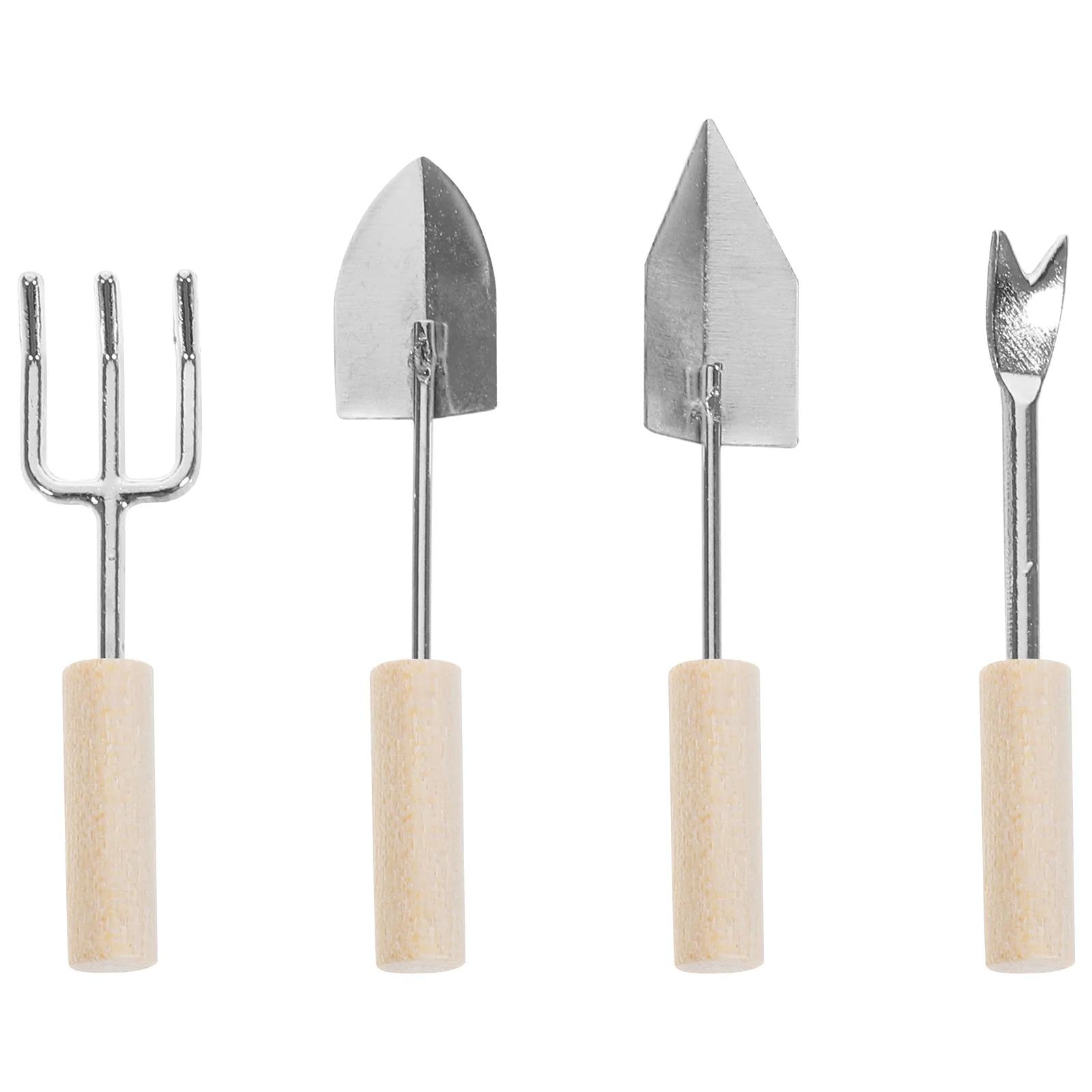 طقم أدوات حديقة صغيرة مكون من 4 قطع من سبائك الزنك والخشب لوازم منزلية مصغرة مدمجة وخفيفة الوزن وآمنة لتزيين مشاهد حديقة بيت الدمى