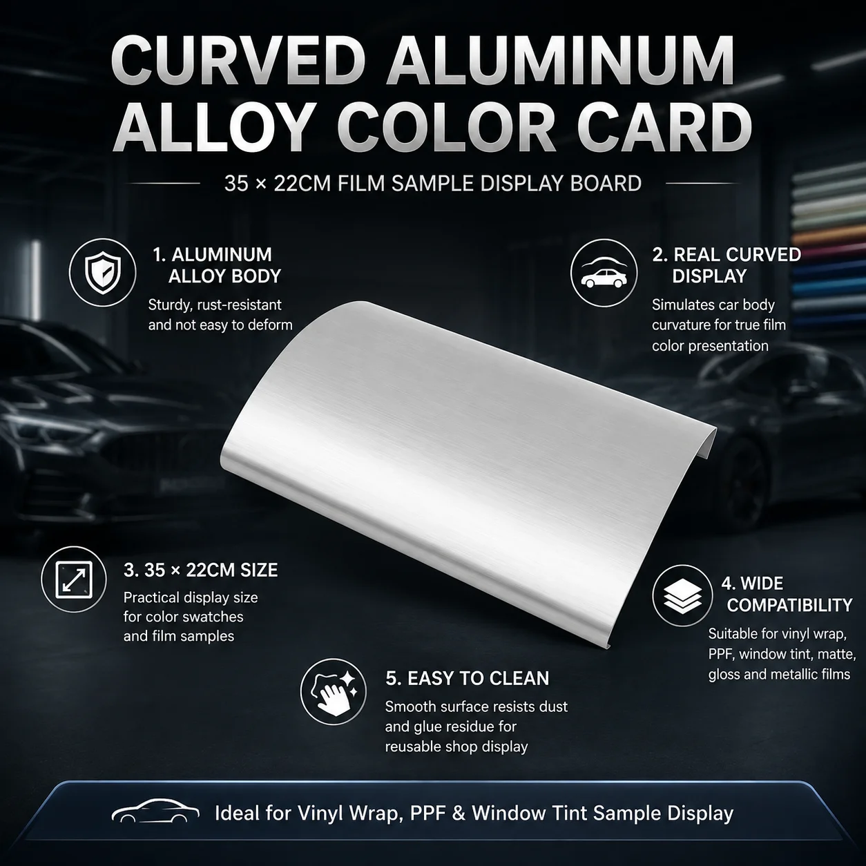 35 x 22cm Curved Aluminum Alloy Color Swatch Display Board for Vinyl Wrap and Window Tint, Car Wrap Tool for Film Samples