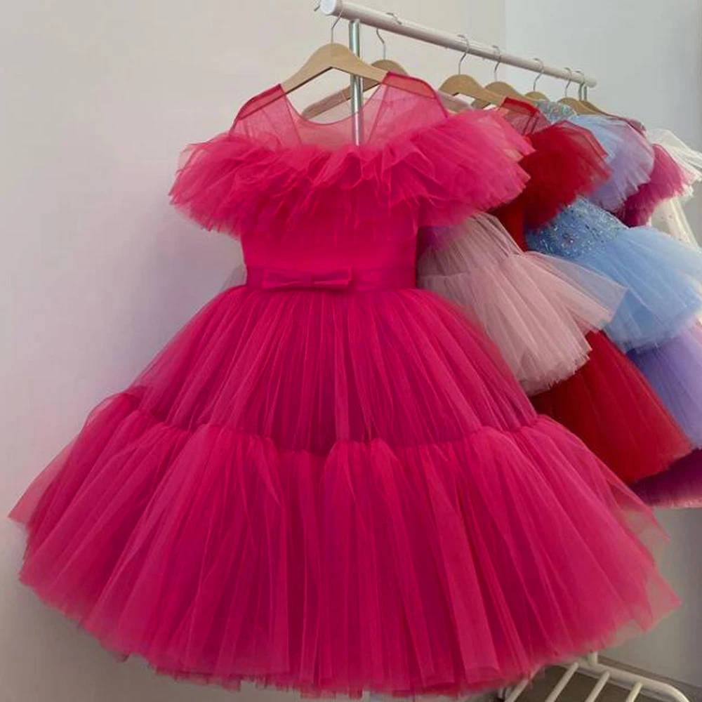 Fluffy Girls Red Party Dresses 3-10 Years Birthday Gala Princess Children Gown Formal Girl Wedding Prom Dress Bridemaid Vestidos