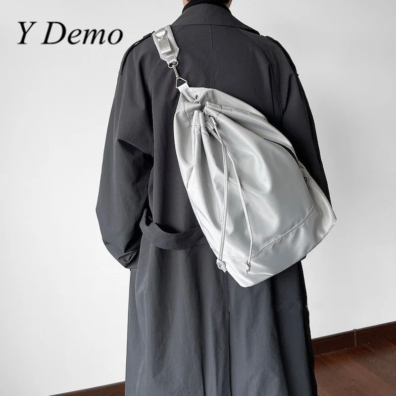 Y Demo Preppy Style Chic Bucket Schoolbag Solid Color Drawstring Adjustable Zipper Backpack