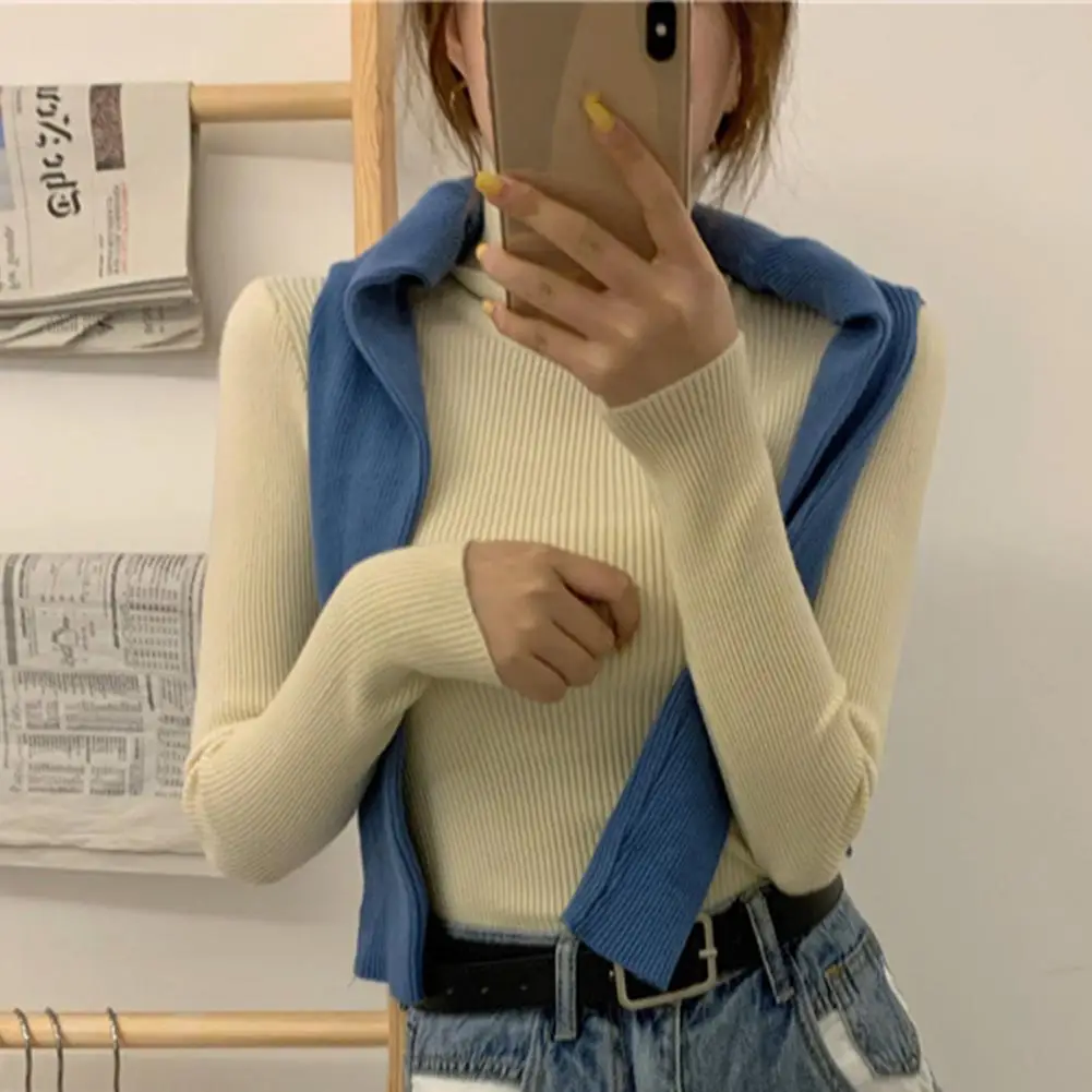 Turtleneck Long Sleeves Ribbed Women Sweater Jumper Winter Slim Fit Warm Pullover Sweater Daily Clothing Bottoming Shirt