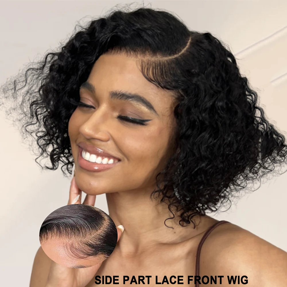 Side T Part Transparent Deep Wave Frontal Wig Wear to Go Curly Lace Front Human Hair Wig For Women Water Closure Wig 180 Density