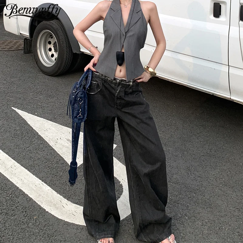 

Benuynffy Black Low Waist Casual Wide Leg Jeans Women's Y2k Streetwear Retro Korean Baggy Straight Denim Trousers 2025 New