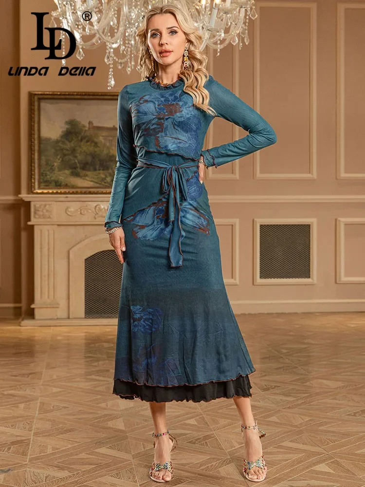 

LD LINDA DELLA 2025 Spring/Summer New Women's Lace Collar Printed Strap Waist with Micro Elastic Bag Hip Tail Dress