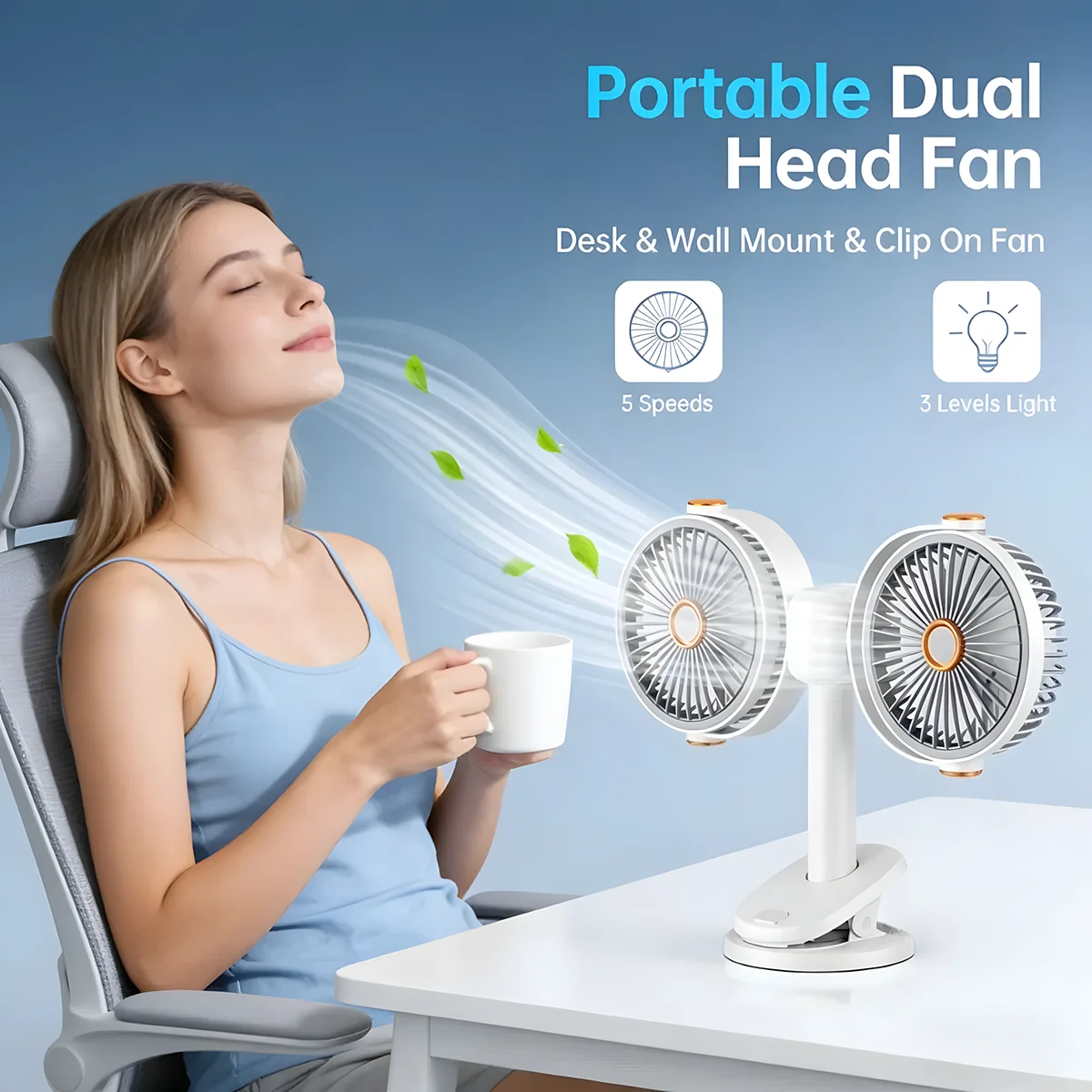 USB Desktop Dual Head Fan with Clip,360° Adjustable,with 5 Speeds Night Light,Wall Mount,Standing Hanging for Bedroom,Camping