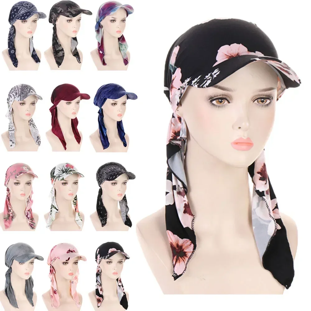 Pre-Tied Print With Brim Cap Sun Visor Women Turban Caps Head Scarf Wrap Hijab Muslim Beach Back Ties Female Fashion Outdoor Hat