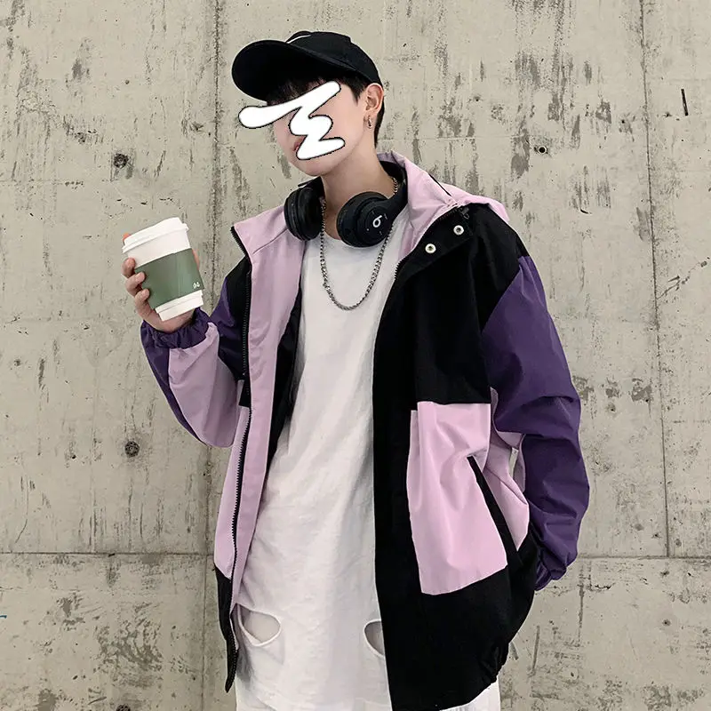 Spring Hooded Jacket Men's Fashion Contrast Color Casual Hooded Jackets Mens Streetwear Korean Loose Hip-hop Bomber Jacket Men