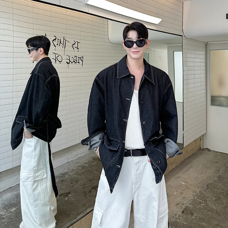 

Loose Fit Vintage Barn Sle Men's Denim Jaet Autumn New Arrival Large ket Belted Jaet Youth Trendy Casual Outerwear