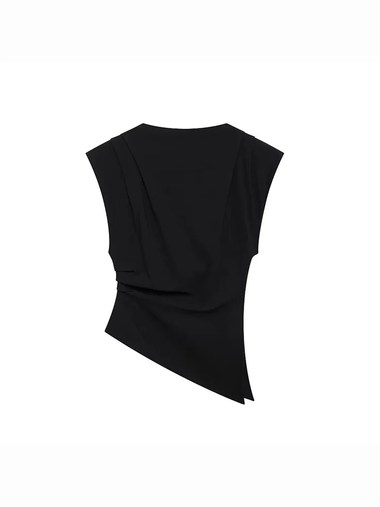 KUCLUT Women Fashion Chic Gathered Top With Shoulder Pads Female Sleeveless Asymmetrical Tops Ladies Elegant Clothing