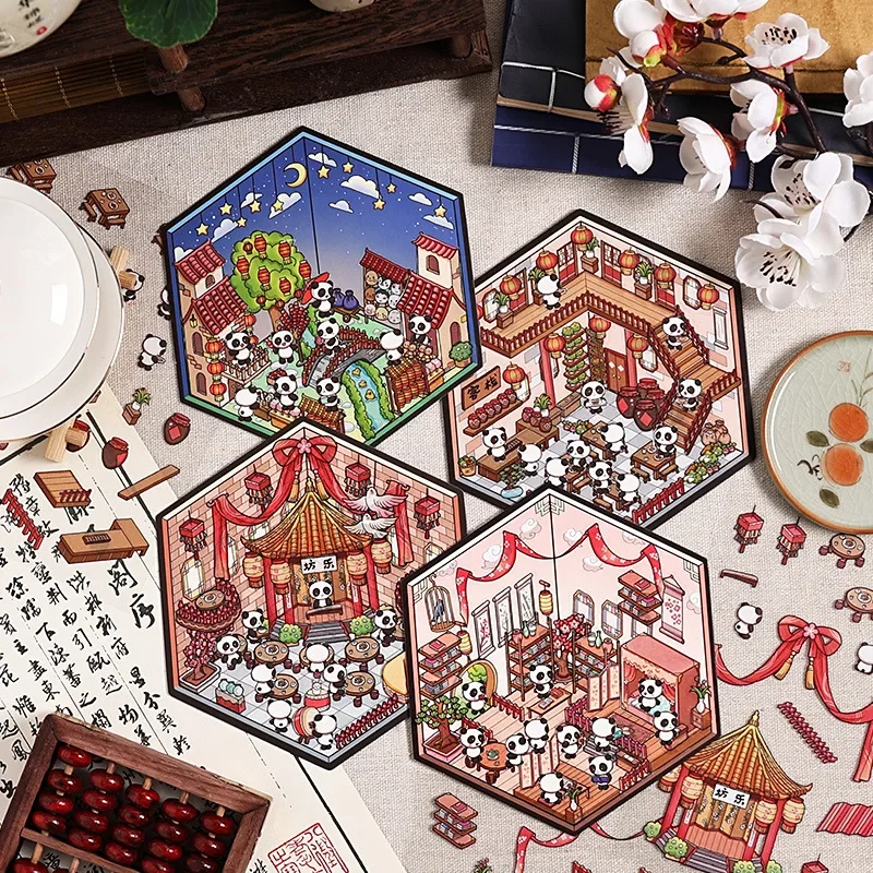 Kreativer Panda mit drei Geschichten, 3D-DIY-Landschaftsaufkleber, Miniaturszene, Hüttaufkleber, Festival, Geburtstagsgeschenk für Kinder