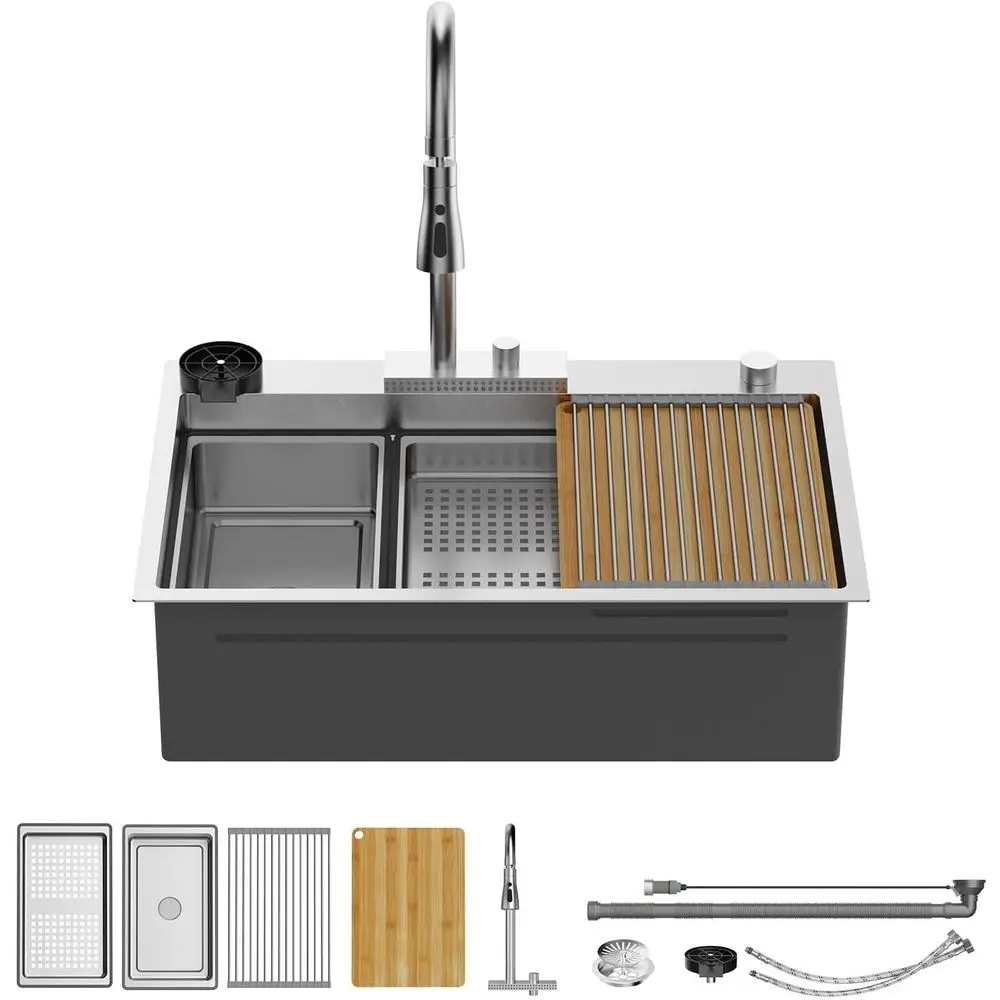 33 Inch Waterfall Kitchen Sink, 33x22 Drop In Workstation Sink 18 Gauge Single Bowl Smart Basin with Cup Washer, Cutting Board &