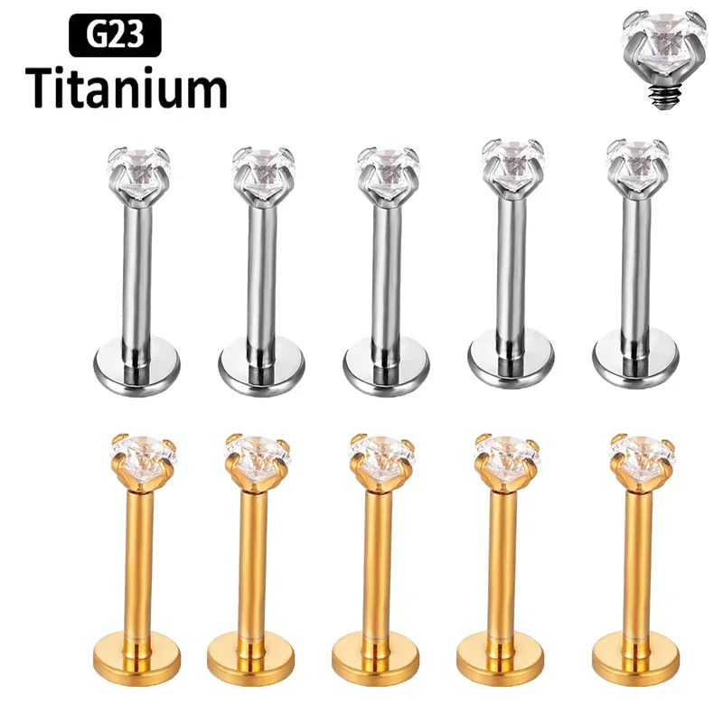 Titanium Body Piercing Jewelry, CZ Labret, Internal Thread Lip Ring, Ear Stud, Conch Lobe, 16G, ASTM F136, 2-5mm, 10 Pcs Earring