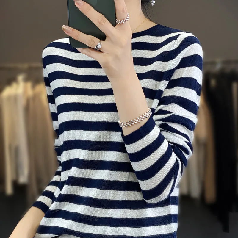 Women New Fine Wool Sweater Round Collar Navy Style Stripes Pullover Autumn Winter Bottoming Shirt Casual Slim Knitting Top