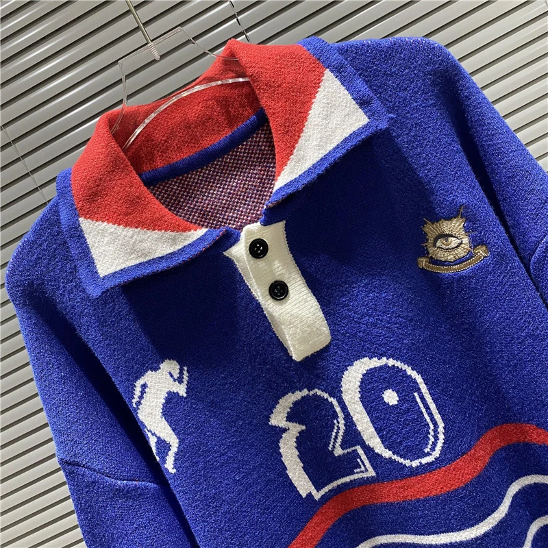 Maglione House of Errors di tendenza europea americana Polo a mezza manica lavorata a maglia jacquard multicolore di alta qualità