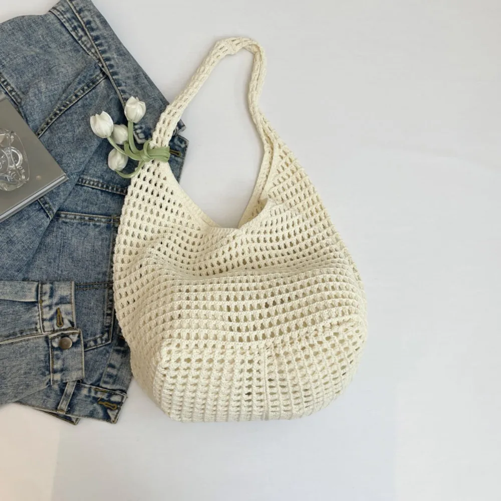 

New Sweet Crochet Shoulder Bag Leisure Vacation Beach Hollow Handbag Solid Color with Tulip Pendant Woven Totes Bag Summer