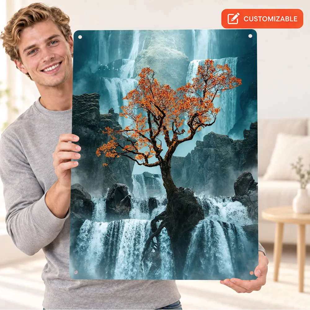 Lone Autumn Tree And Mountain Waterfall Aluminum Poster Painterly Wall Art For Entryway Customized Metal Sign Cabin Owner Gift