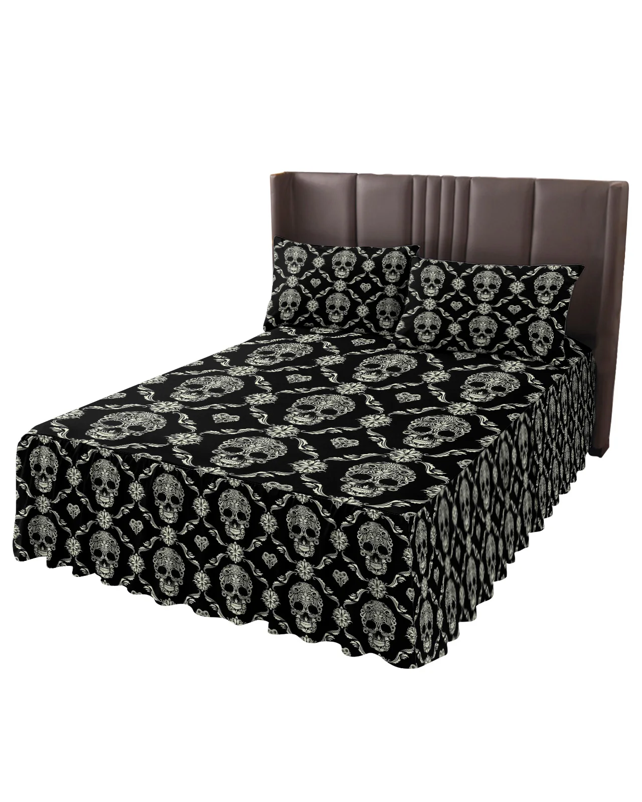 Skull Black Flower Bed Skirt Elastic Fitted Bedspread With Pillowcases Bed Protector Mattress Cover Bedding Set Bed Sheet