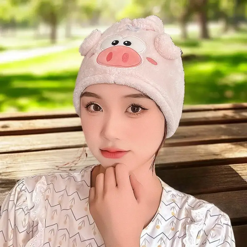 Cute Japanese Style Cartoon Little Pig Dry Hair Cap Magic Microfiber Coral Fleece Shower Cap Absorbent Quick Drying Towel