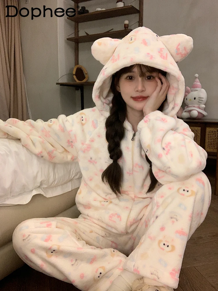 

Winter Warm Coral Fleece Long Sleeve Zipper Hooded Pajamas for Women Thickened Cartoon Sweet Loose Casual Homewear for Women