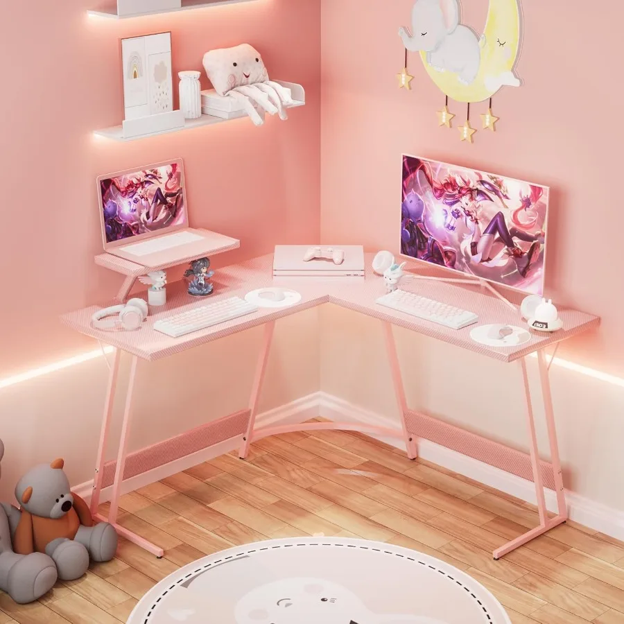 Pink L Shaped Gaming Desk with Large Monitor Stand for Home Office Study and Writing Workstation Spacious Corner Computer Table