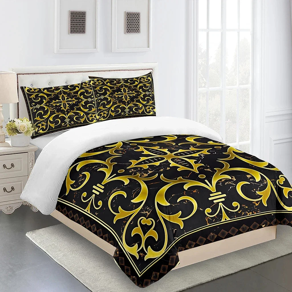 Luxury Black Gold 3Pcs Geometric Queen King Full Size Duvet Cover Bedding Linen Set 2 Seater Bedspread 200x200 240x220 150x200