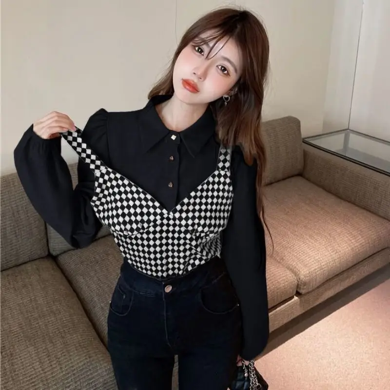 

Fake Two Piece Plaid Patchwork Short Vintage Blouse Spring Autumn Contrast Slim Elegant Shirt Tops Fashion Trend Women Clothing