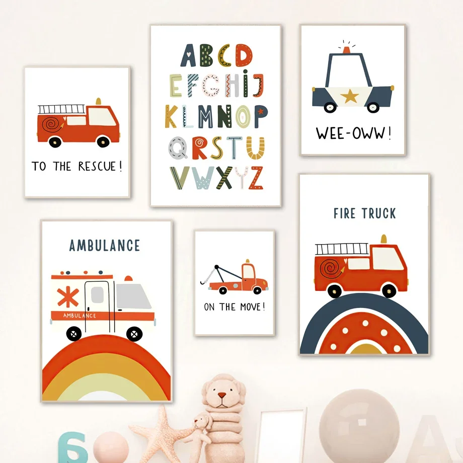 

Ambulance Car Trailer Cartoon Alphabet Nursery Art Canvas Painting Nordic Posters Prints Wall Pictures For Kids Room Decor