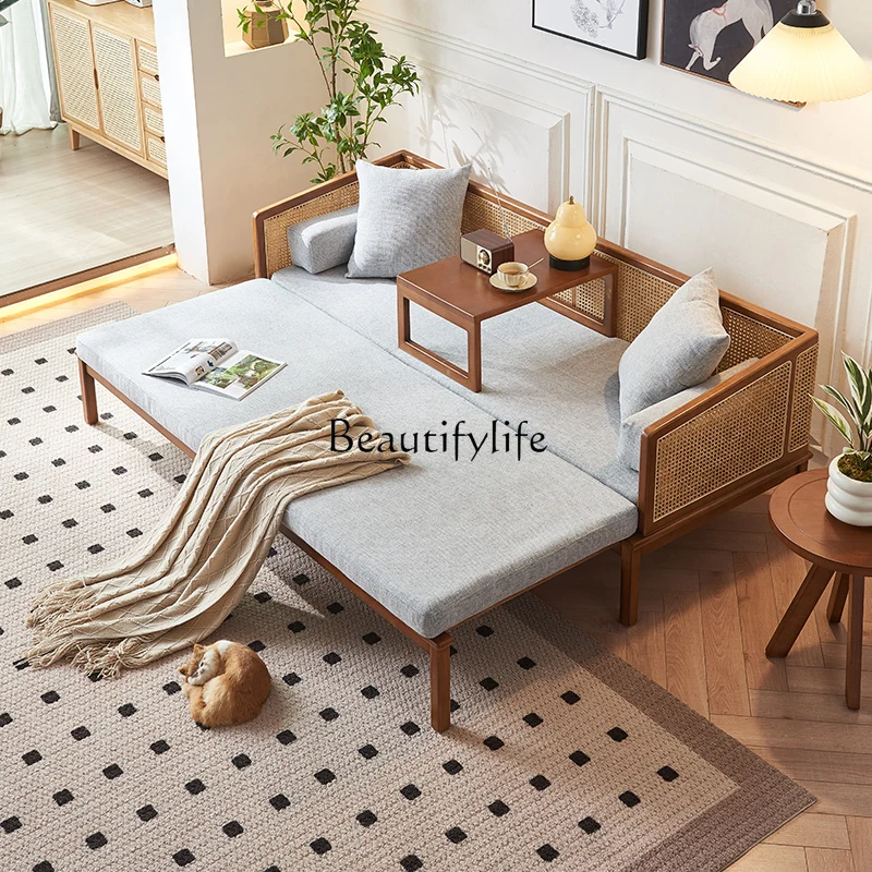 Nordic Solid Wood Sofa Bed Vintage Retractable Folding Dual-Use Luohan Bed Silent Wind Rattan Sofa