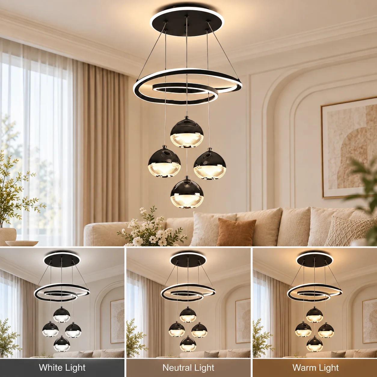 Modern Multi‑Ring LED Chandelier with 4 Globe Lamps, 3‑Color Changing Adjustable Pendant Light, Gold/Black/White Optional Hanging Ceiling Light Fixture for Dining Room Living Room Kitchen Home Decor