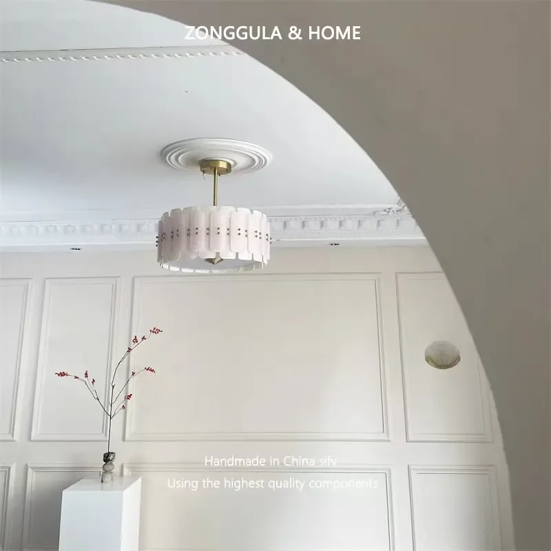 French Cream Style Round Chandelier All Copper Pink White Glass Medieval Flower Design Smart LED Light for Bedroom Dining