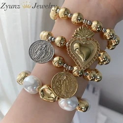 5PCS, Fashion 18K Gold Plated Ball Beads Bracelet Jesus Virgin Mary Pendant Bracelets Charm For Women