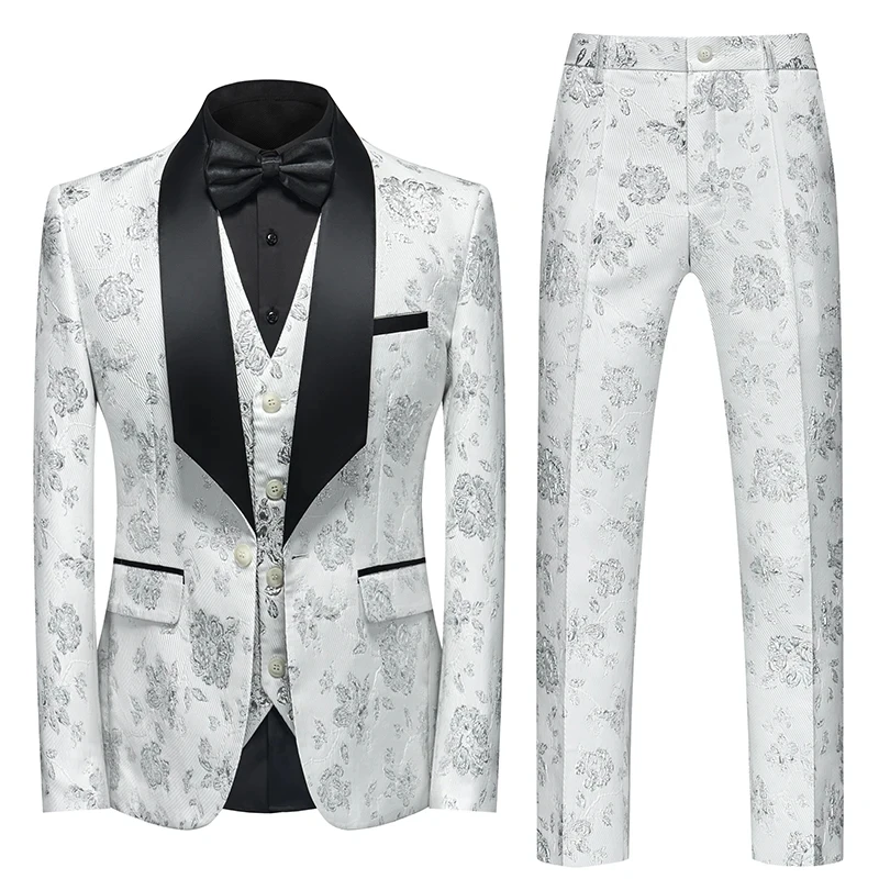 (Jacket+Vest+Pant) Men Business Casual Slim Fit Suits 3 Pieces Sets Fashion Flower Printed Tuxedo Wedding Formal Dress Blazers