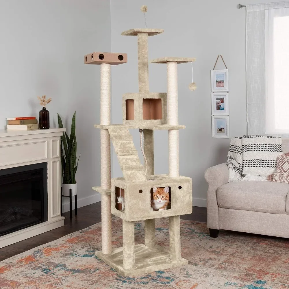 

Cat Tower, Large Cat Tower with Scratching Pillars, Multi story Pet Apartment with Stairs and Plush Toys, Cat Tree